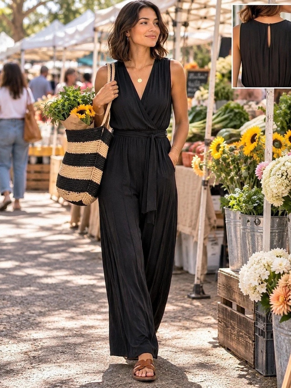 Love Black Wrap Front Wide Leg Jumpsuit Tie Waist Pockets